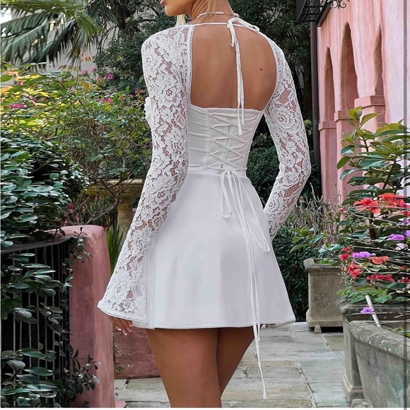 NEW White Lace Sleeve Dress Crochet Ruffle Cute Romantic Flirty Girly Pretty Bow - Picture 5 of 10